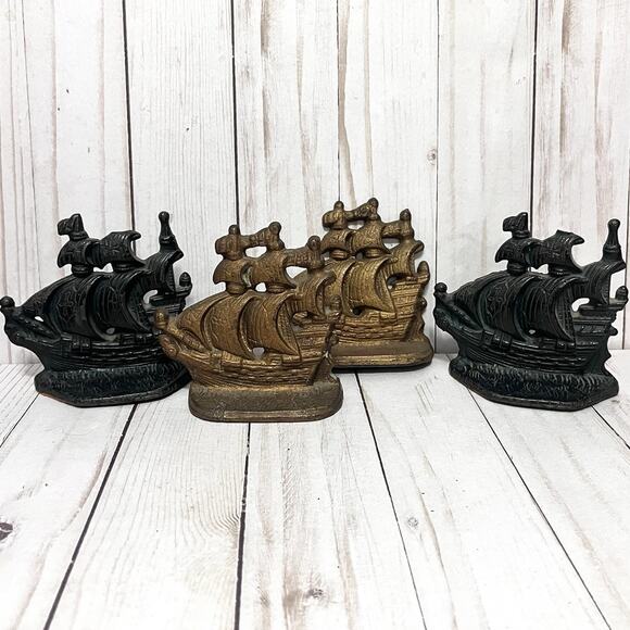 Vintage Pirate Ships Bronze Metal Cast Iron Bookends Doorstopper Set of 4 - Picture 1 of 14